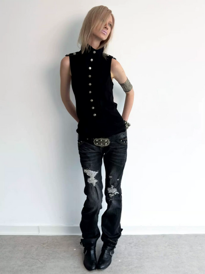 High Neck 2way Metal Buckle Epaulettes Sleeveless Sweatshirt【s0000017166】