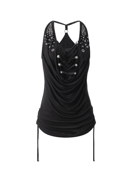 Deconstructed Metal Fringe Halter Pleats Backless Camisole【s0000017167】