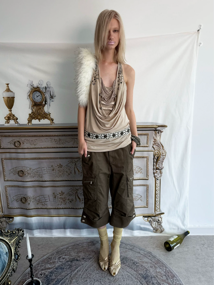 Deconstructed Metal Fringe Halter Pleats Backless Camisole【s0000017167】