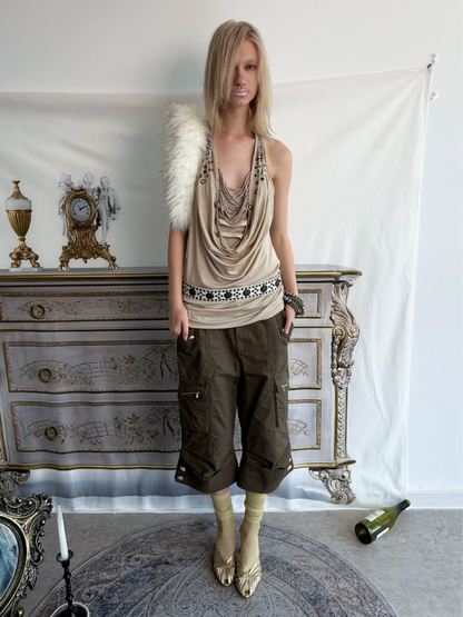Deconstructed Metal Fringe Halter Pleats Backless Camisole【s0000017167】