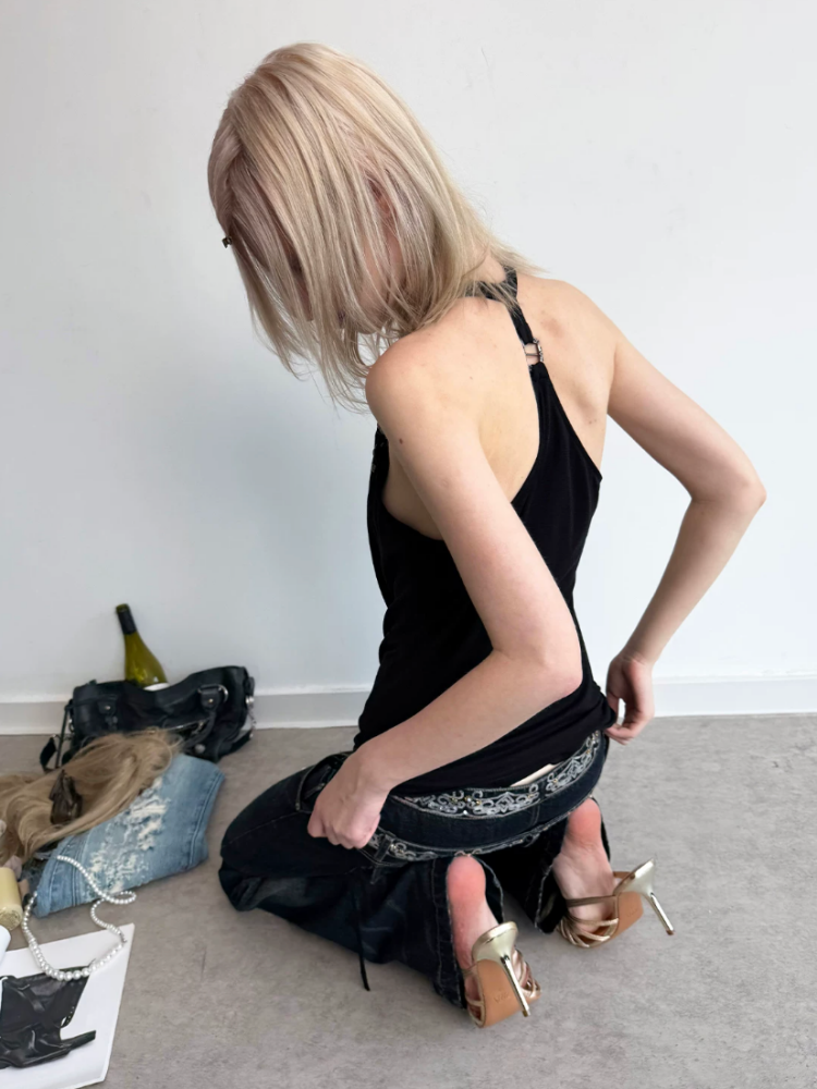 Deconstructed Metal Fringe Halter Pleats Backless Camisole【s0000017167】