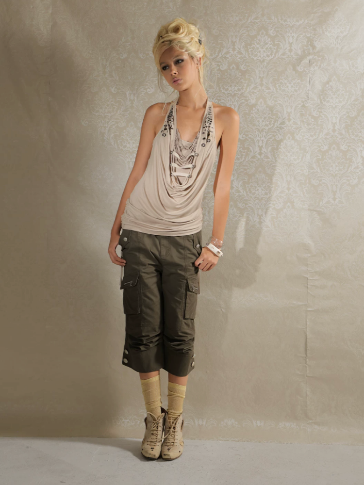Deconstructed Metal Fringe Halter Pleats Backless Camisole【s0000017167】