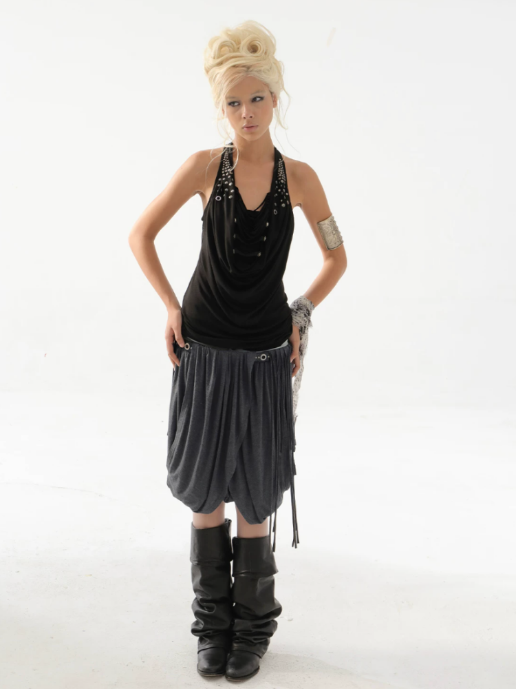 Deconstructed Metal Fringe Halter Pleats Backless Camisole【s0000017167】