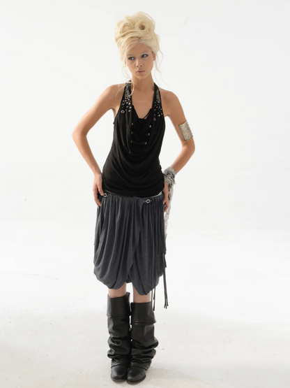 Deconstructed Metal Fringe Halter Pleats Backless Camisole【s0000017167】