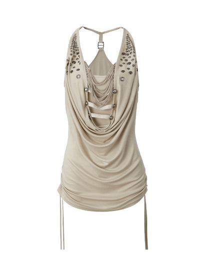 Deconstructed Metal Fringe Halter Pleats Backless Camisole【s0000017167】