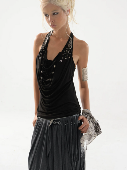 Deconstructed Metal Fringe Halter Pleats Backless Camisole【s0000017167】