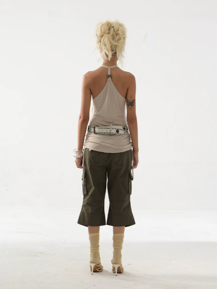 Deconstructed Metal Fringe Halter Pleats Backless Camisole【s0000017167】
