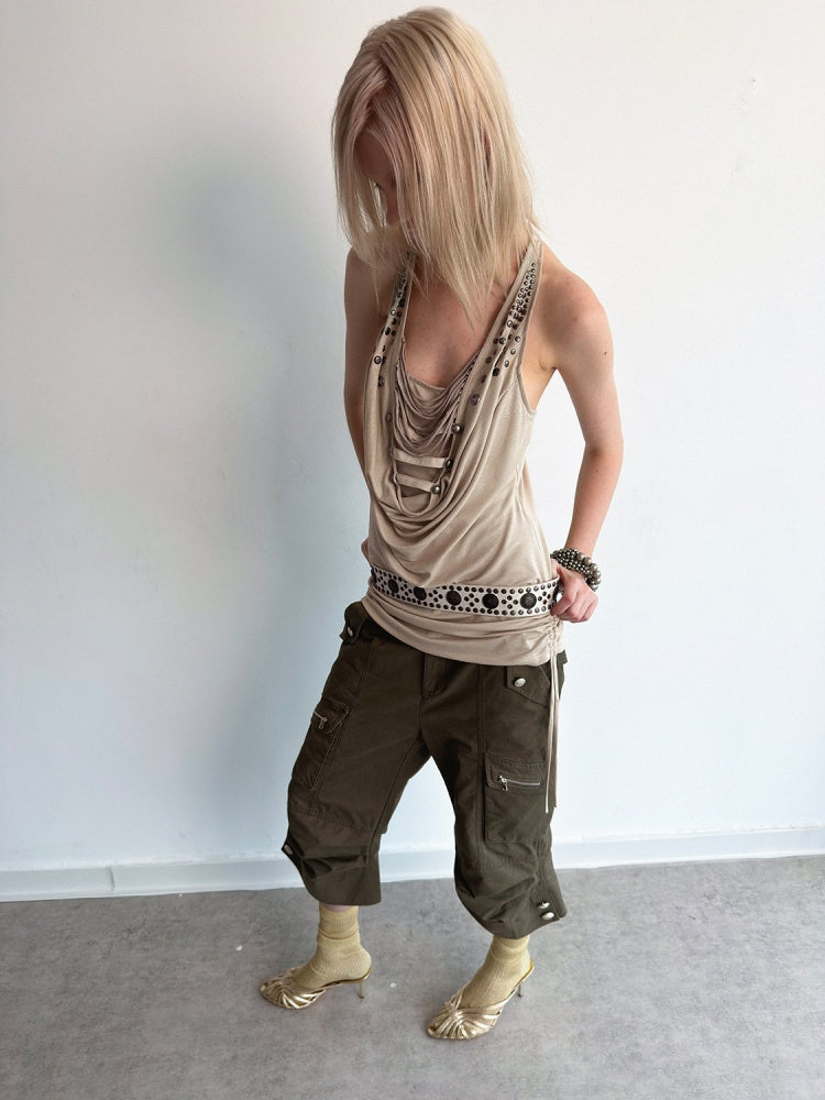 Deconstructed Metal Fringe Halter Pleats Backless Camisole【s0000017167】