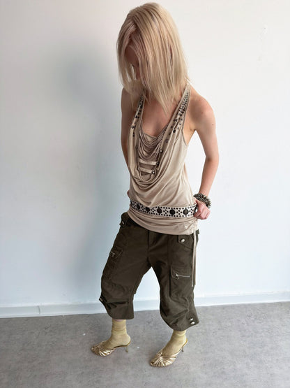 Deconstructed Metal Fringe Halter Pleats Backless Camisole【s0000017167】