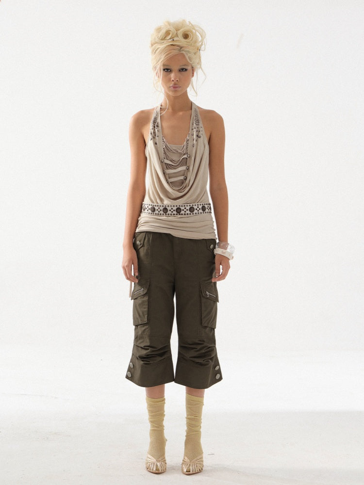 Deconstructed Metal Fringe Halter Pleats Backless Camisole【s0000017167】
