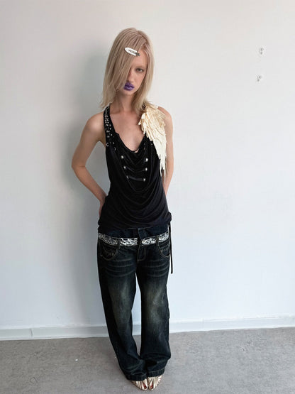 Deconstructed Metal Fringe Halter Pleats Backless Camisole【s0000017167】