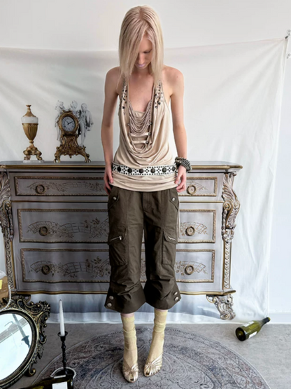 Deconstructed Metal Fringe Halter Pleats Backless Camisole【s0000017167】