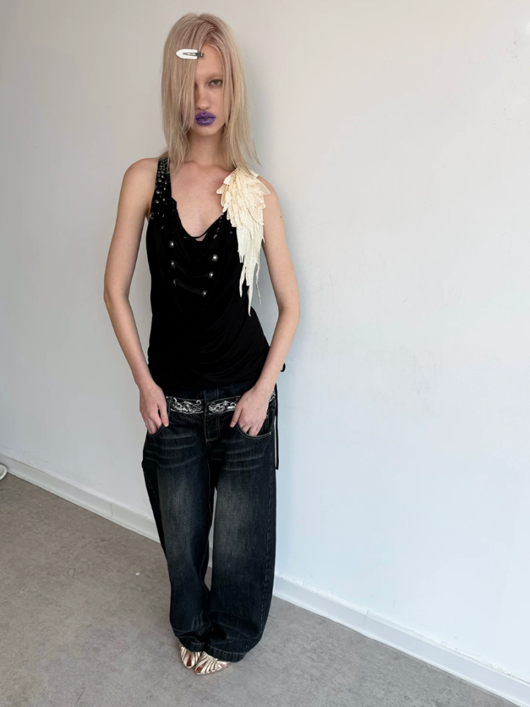 Deconstructed Metal Fringe Halter Pleats Backless Camisole【s0000017167】