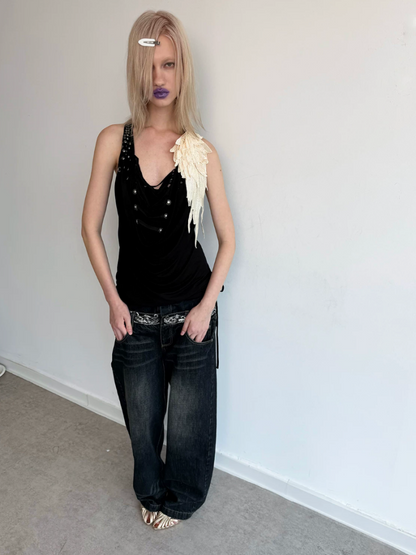Deconstructed Metal Fringe Halter Pleats Backless Camisole【s0000017167】