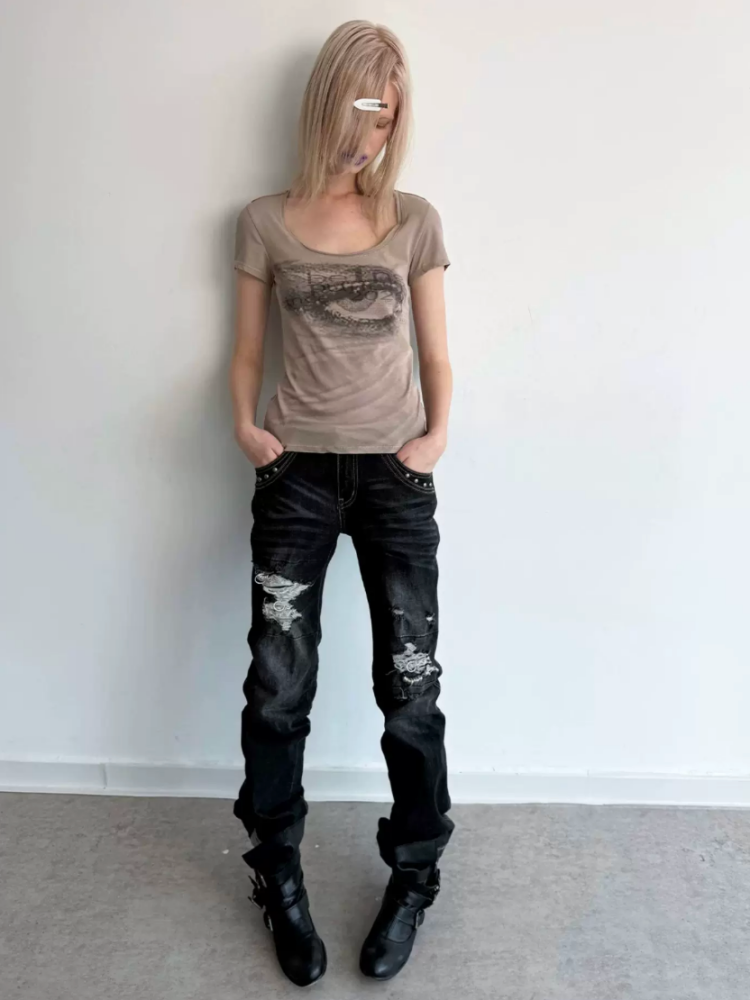 Scoop Neck Millennium Vision Print Slim Fit T-Shirt【s0000017168】