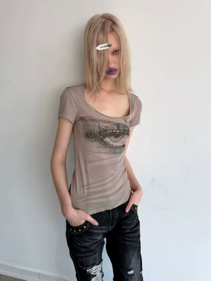 Scoop Neck Millennium Vision Print Slim Fit T-Shirt【s0000017168】