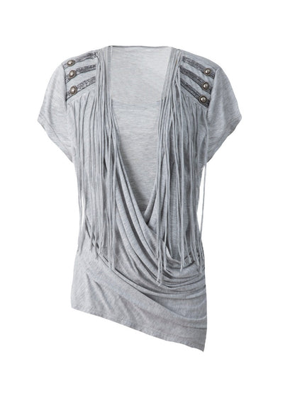 Overlap Fringe Cowl Neck Slim Fit Knit T-Shirt【s0000017169】