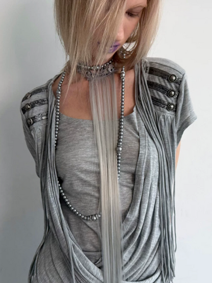 Overlap Fringe Cowl Neck Slim Fit Knit T-Shirt【s0000017169】