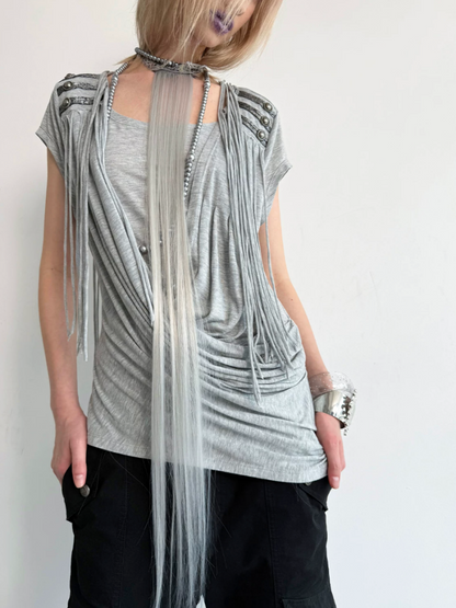 Overlap Fringe Cowl Neck Slim Fit Knit T-Shirt【s0000017169】
