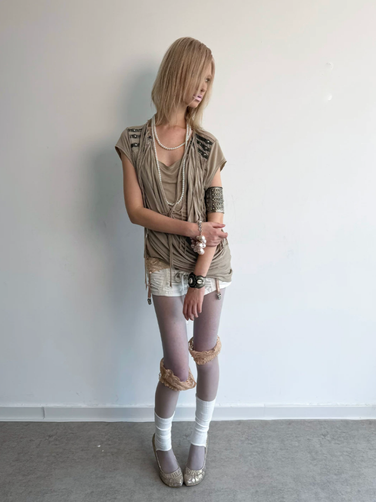 Overlap Fringe Cowl Neck Slim Fit Knit T-Shirt【s0000017169】