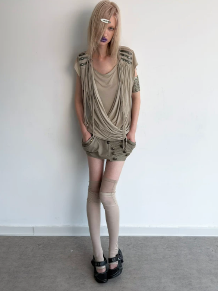 Overlap Fringe Cowl Neck Slim Fit Knit T-Shirt【s0000017169】