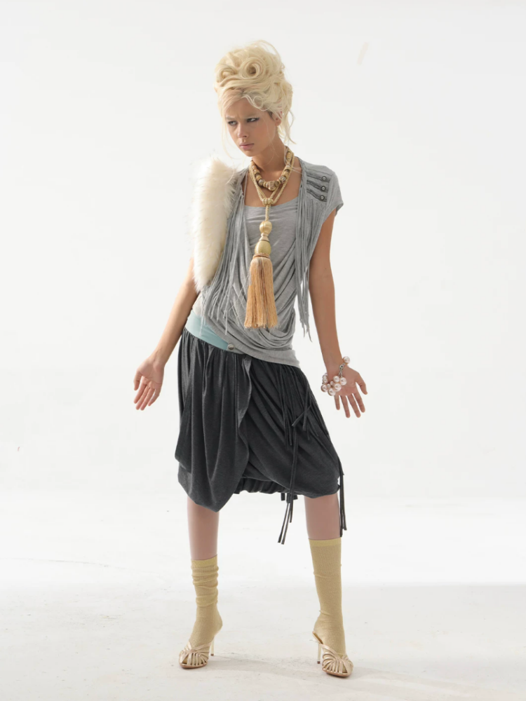 Overlap Fringe Cowl Neck Slim Fit Knit T-Shirt【s0000017169】