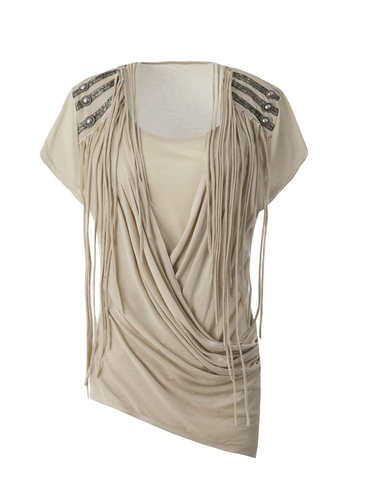Overlap Fringe Cowl Neck Slim Fit Knit T-Shirt【s0000017169】