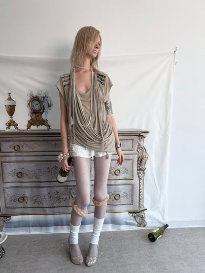 Overlap Fringe Cowl Neck Slim Fit Knit T-Shirt【s0000017169】