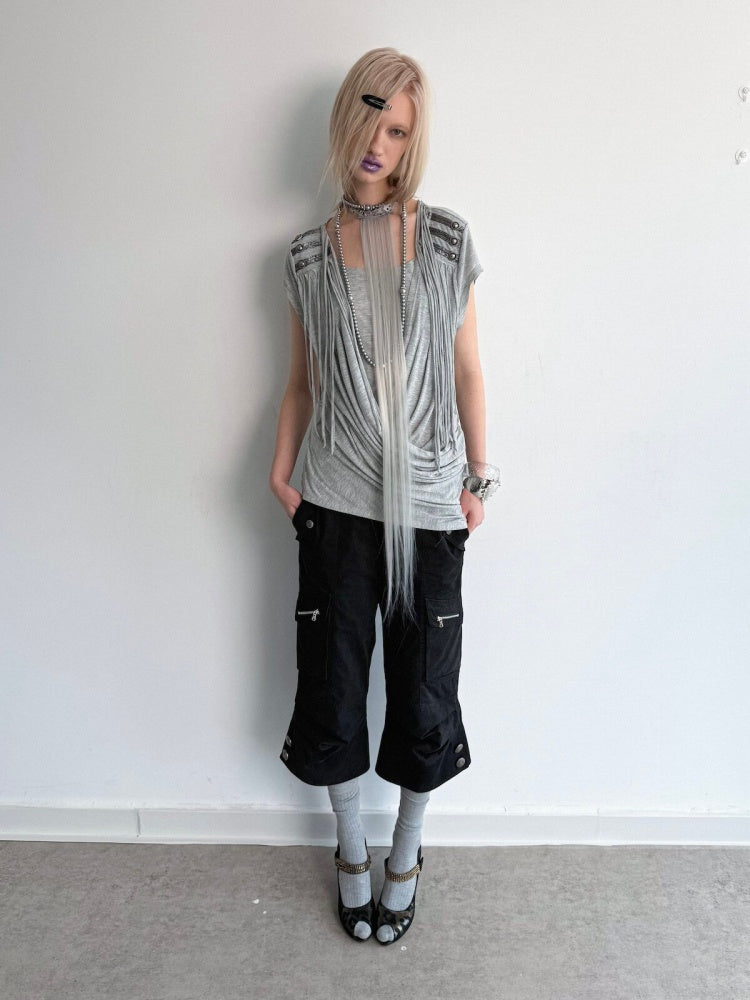Overlap Fringe Cowl Neck Slim Fit Knit T-Shirt【s0000017169】