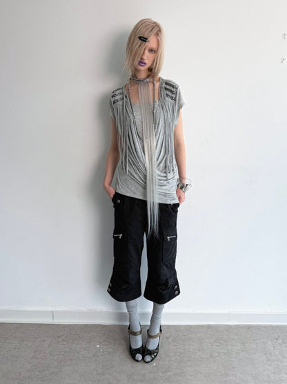 Overlap Fringe Cowl Neck Slim Fit Knit T-Shirt【s0000017169】