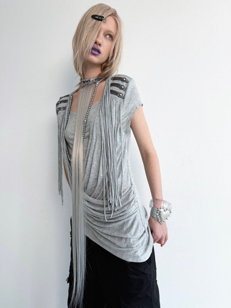 Overlap Fringe Cowl Neck Slim Fit Knit T-Shirt【s0000017169】