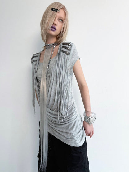Overlap Fringe Cowl Neck Slim Fit Knit T-Shirt【s0000017169】