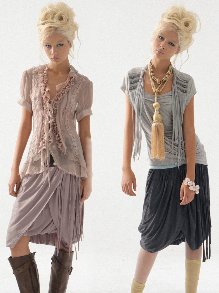 Low-Waist Wide-Pleated Waistband Knit Tassel Midi-Length Tulip Skirt【s0000017170】