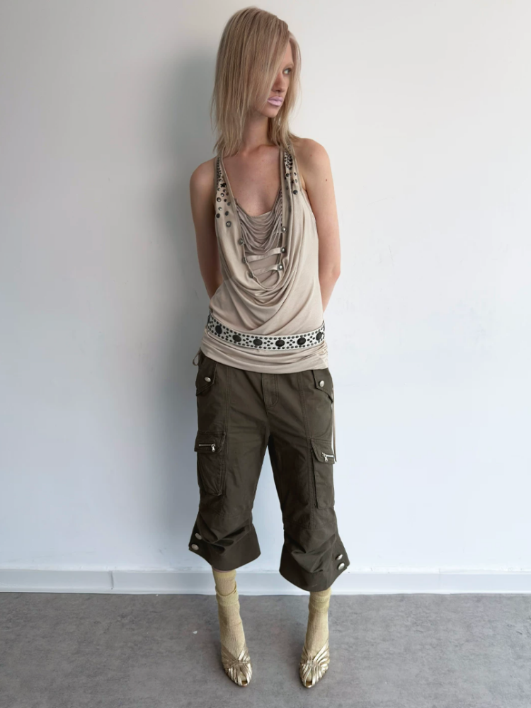 Washed Distressed Slightly Flared Utility Pocket Cropped Pants【s0000017171】