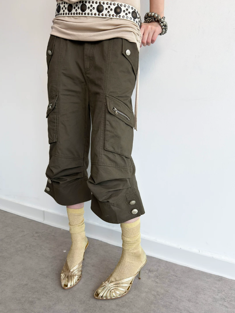 Washed Distressed Slightly Flared Utility Pocket Cropped Pants【s0000017171】