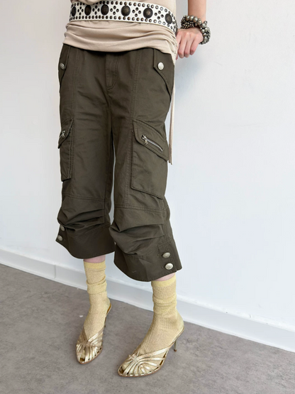 Washed Distressed Slightly Flared Utility Pocket Cropped Pants【s0000017171】
