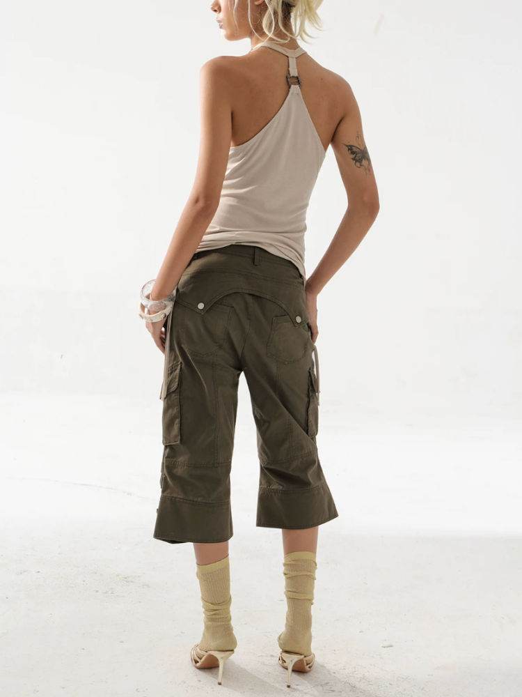 Washed Distressed Slightly Flared Utility Pocket Cropped Pants【s0000017171】