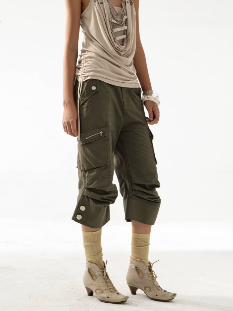 Washed Distressed Slightly Flared Utility Pocket Cropped Pants【s0000017171】