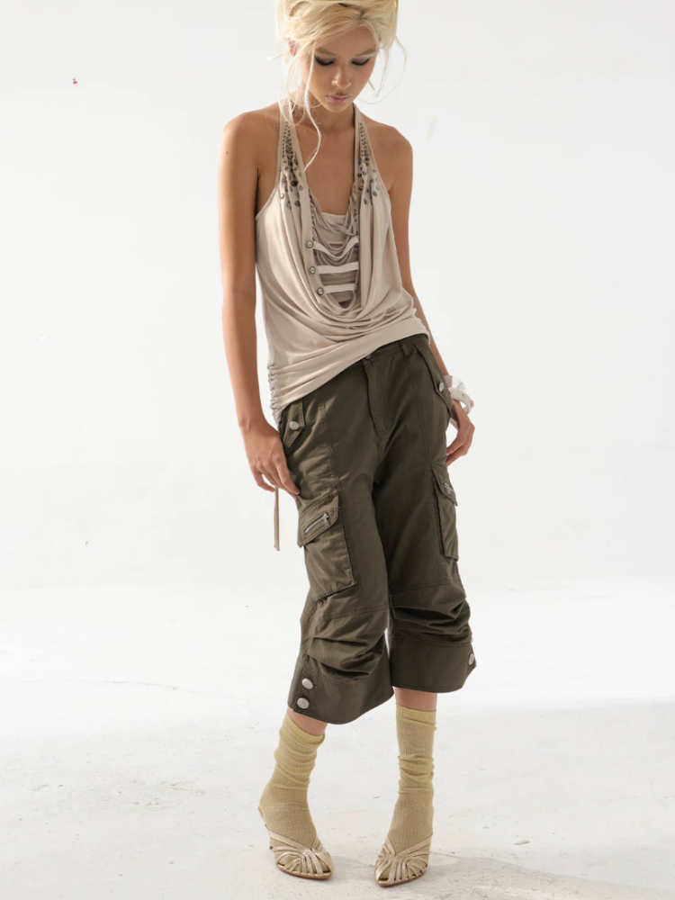 Washed Distressed Slightly Flared Utility Pocket Cropped Pants【s0000017171】