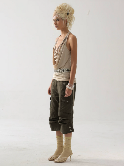Washed Distressed Slightly Flared Utility Pocket Cropped Pants【s0000017171】