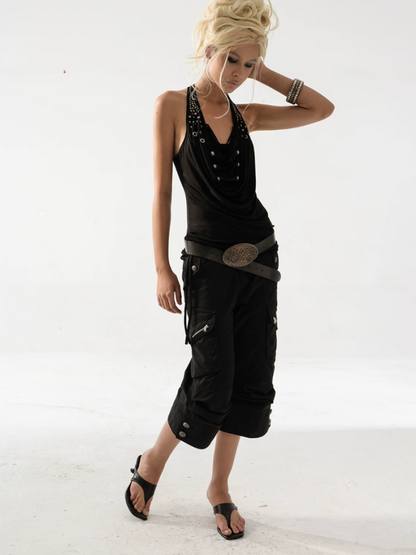 Washed Distressed Slightly Flared Utility Pocket Cropped Pants【s0000017171】