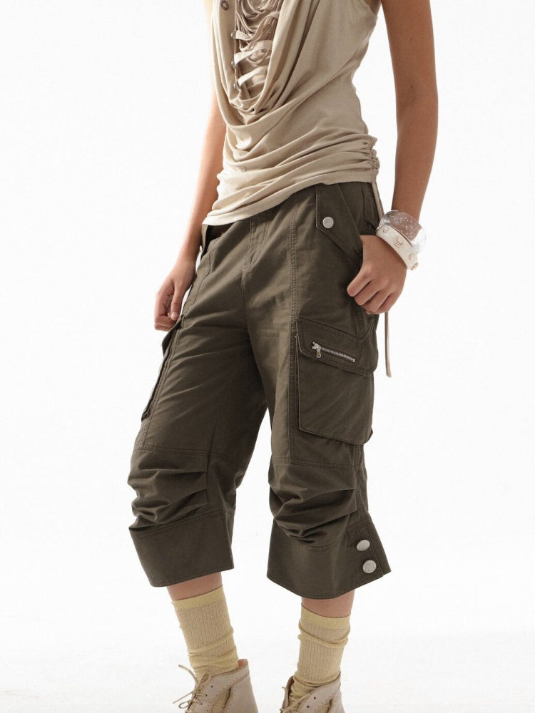 Washed Distressed Slightly Flared Utility Pocket Cropped Pants【s0000017171】