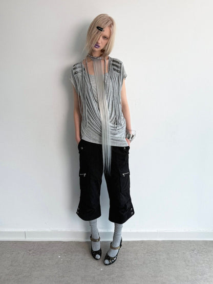 Washed Distressed Slightly Flared Utility Pocket Cropped Pants【s0000017171】