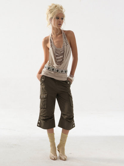 Washed Distressed Slightly Flared Utility Pocket Cropped Pants【s0000017171】