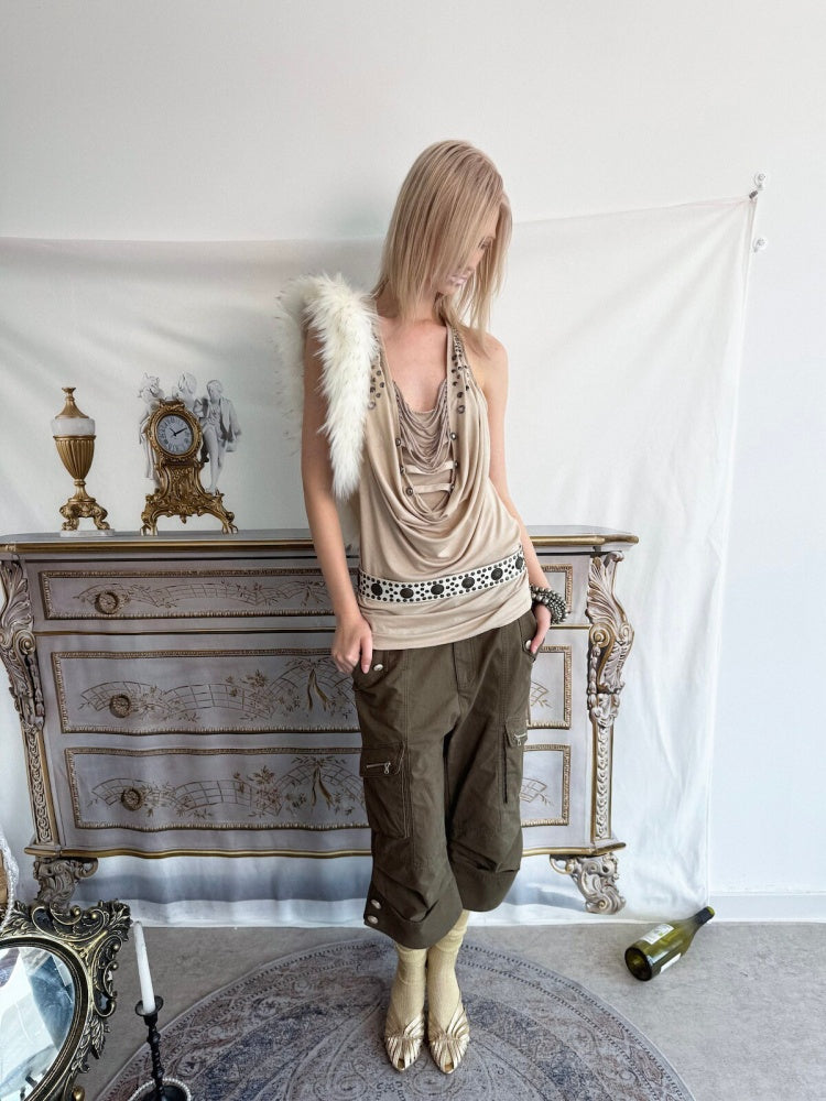 Washed Distressed Slightly Flared Utility Pocket Cropped Pants【s0000017171】