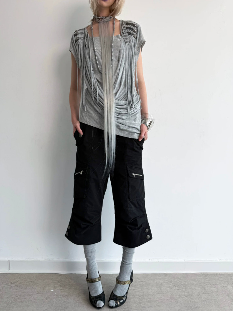 Washed Distressed Slightly Flared Utility Pocket Cropped Pants【s0000017171】