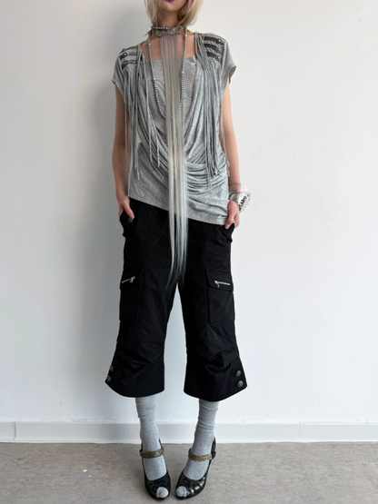 Washed Distressed Slightly Flared Utility Pocket Cropped Pants【s0000017171】