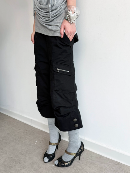 Washed Distressed Slightly Flared Utility Pocket Cropped Pants【s0000017171】