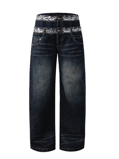 Double-Waist Sequin Embroidery Distressed Low-Rise Jeans【s0000017172】