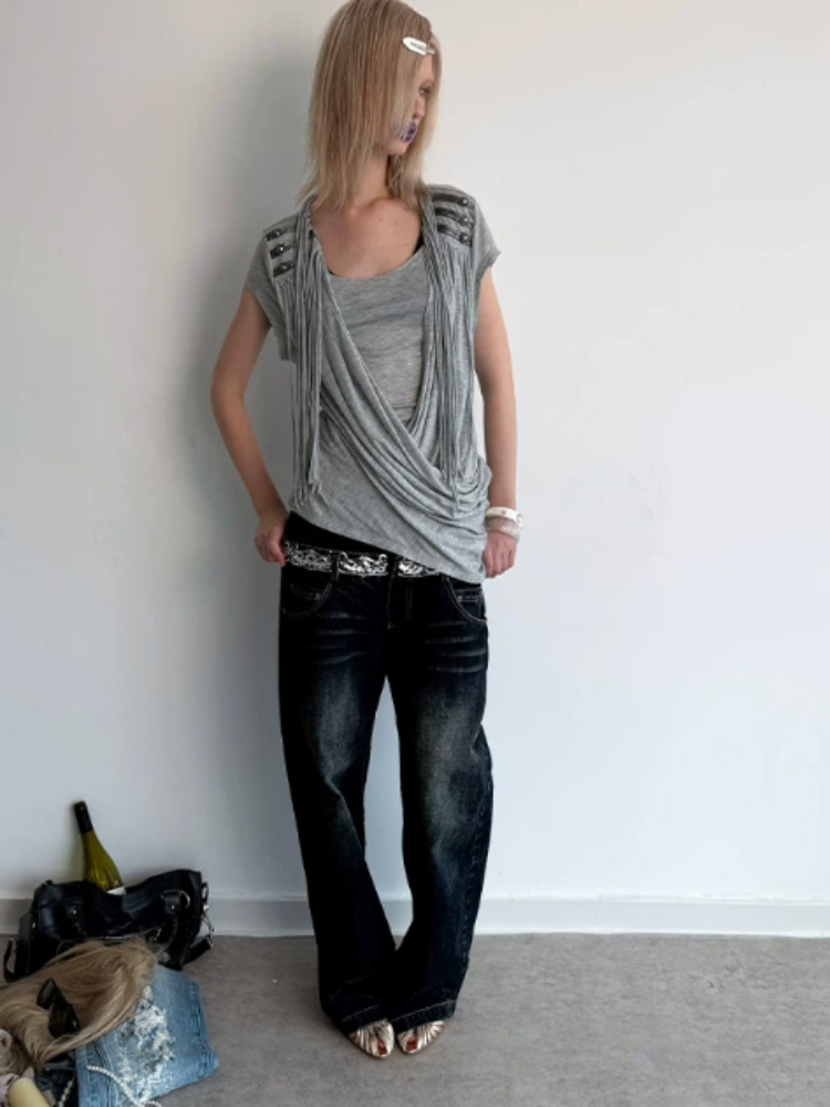 Double-Waist Sequin Embroidery Distressed Low-Rise Jeans【s0000017172】